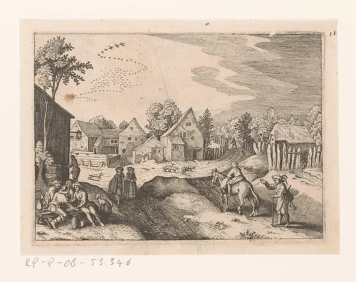 Dorpsgezicht met jongen te paard en doedelzakspeler by anonymous, print, 1620