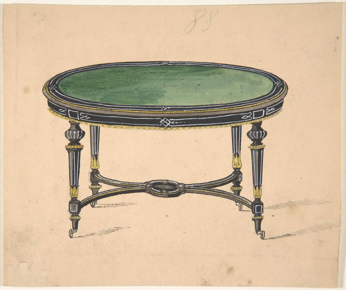 Design for a Round or Oval Table with a Green Top and Black and Gold Sides and Legs by anonymous, drawing, 1800-1900