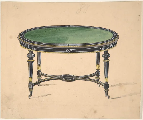 Design for a Round or Oval Table with a Green Top and Black and Gold Sides and Legs by anonymous, drawing, 1800-1900