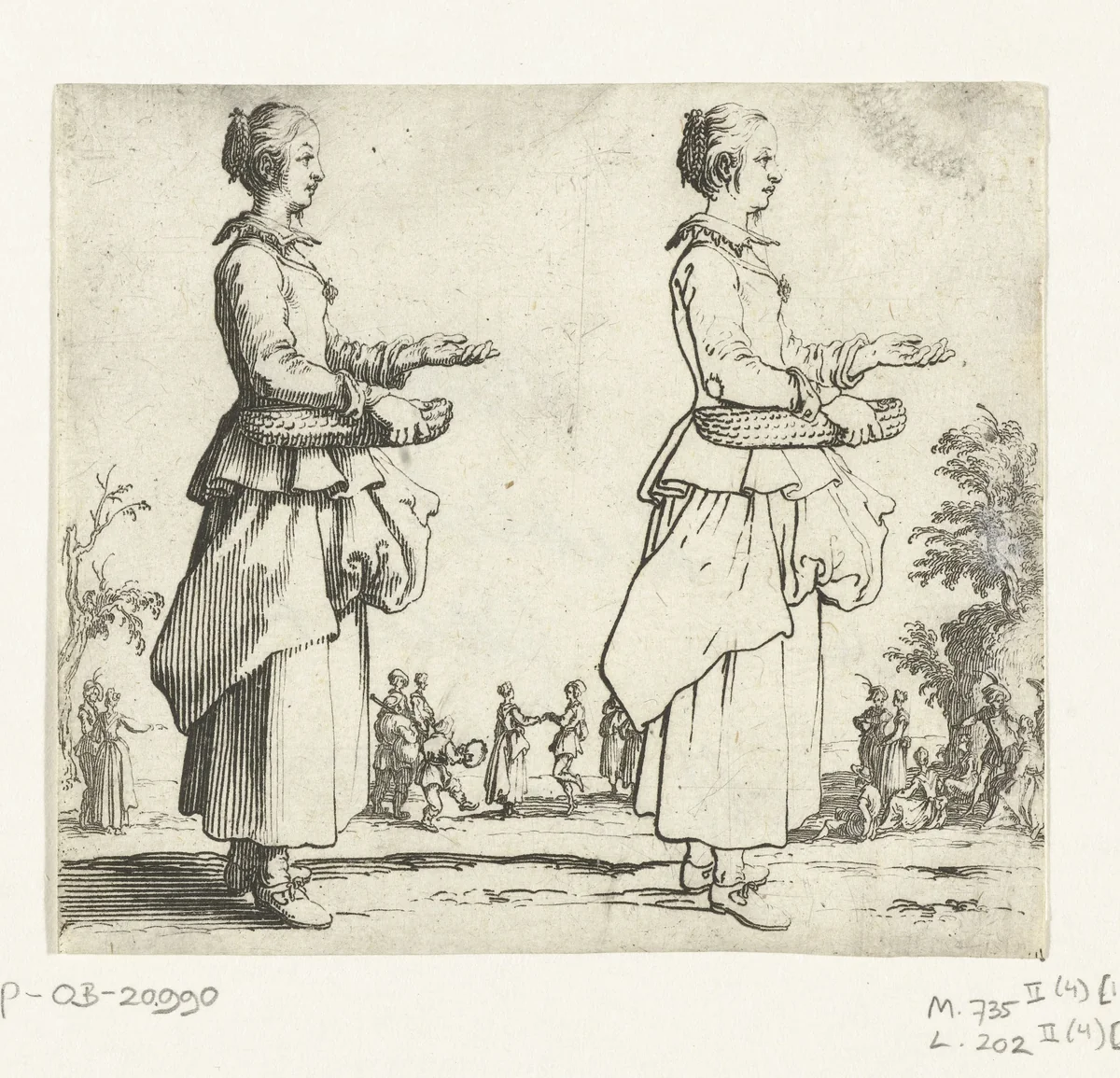 Tweemaal dezelfde boerin met rieten mand, op de rechterzijde gezien by Jacques Callot, print, 1621-1624
