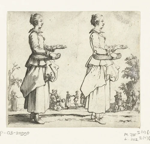 Tweemaal dezelfde boerin met rieten mand, op de rechterzijde gezien by Jacques Callot, print, 1621-1624