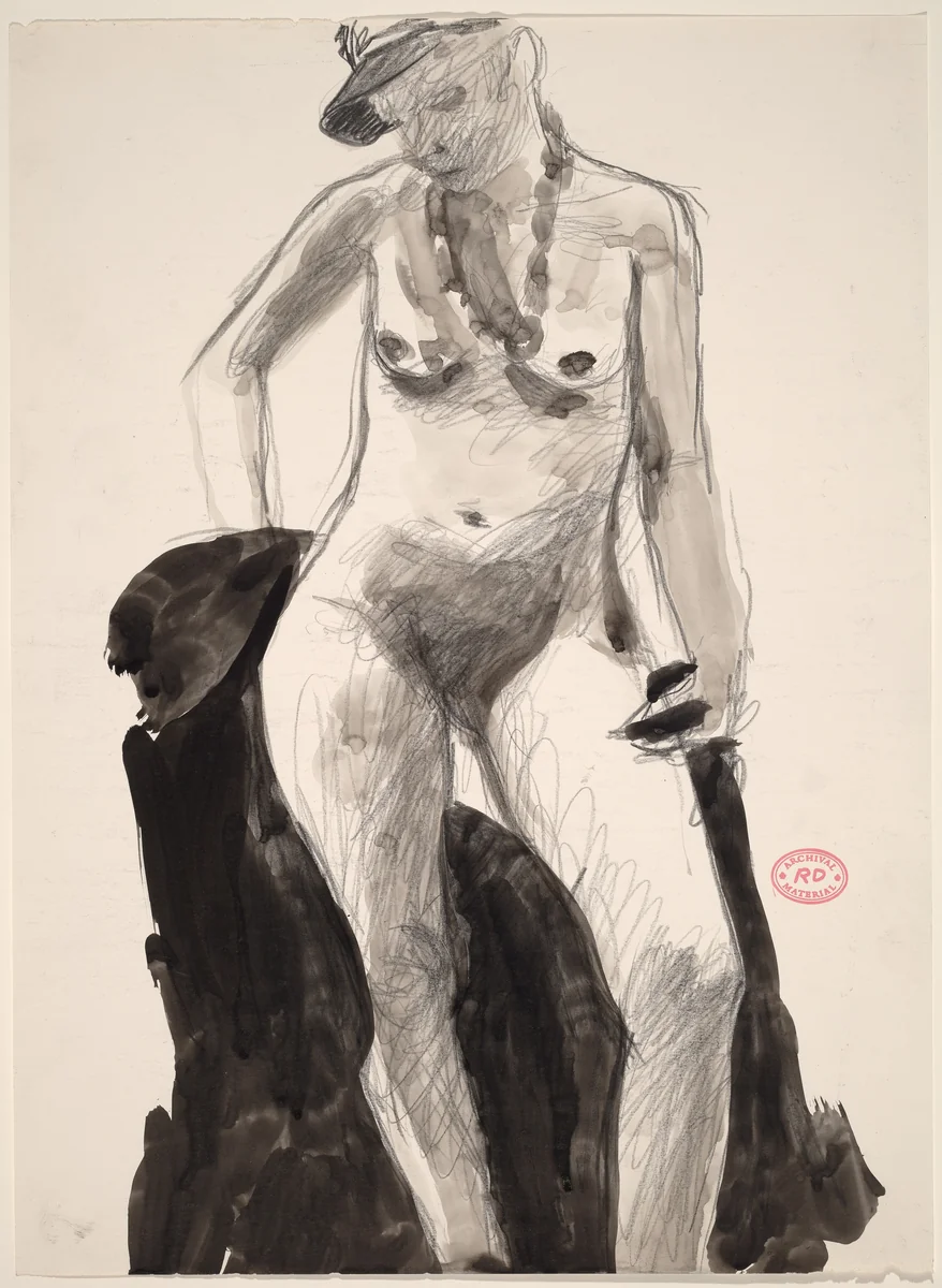 Untitled [standing female nude in cap looking down] by Richard Diebenkorn, drawing, 1955-1967