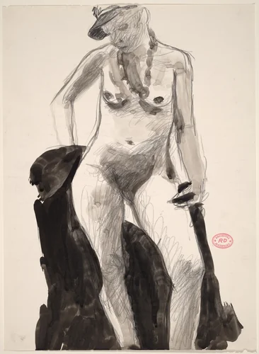 Untitled [standing female nude in cap looking down] by Richard Diebenkorn, drawing, 1955-1967