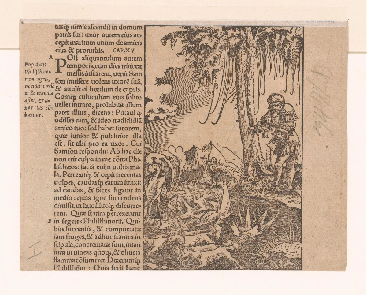 Samson jaagt de vossen met brandende fakkels aan hun staarten in de velden van de Filistijnen by Unknown, print, 1524