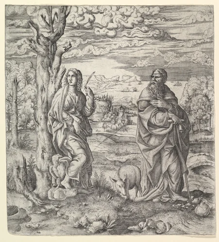 Saint John and Anthony in a Landscape by Master IQV, print, 1539-1549
