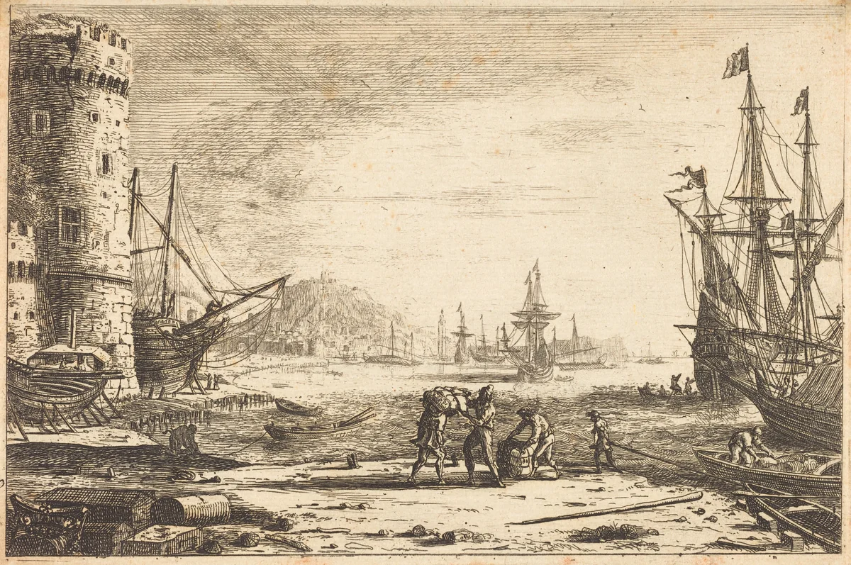 Harbor with a Large Tower (Le Port de mer à la grosse tour) by Claude Lorrain, print, 1641