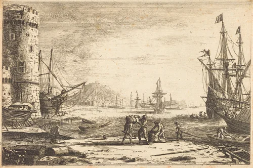 Harbor with a Large Tower (Le Port de mer à la grosse tour) by Claude Lorrain, print, 1641