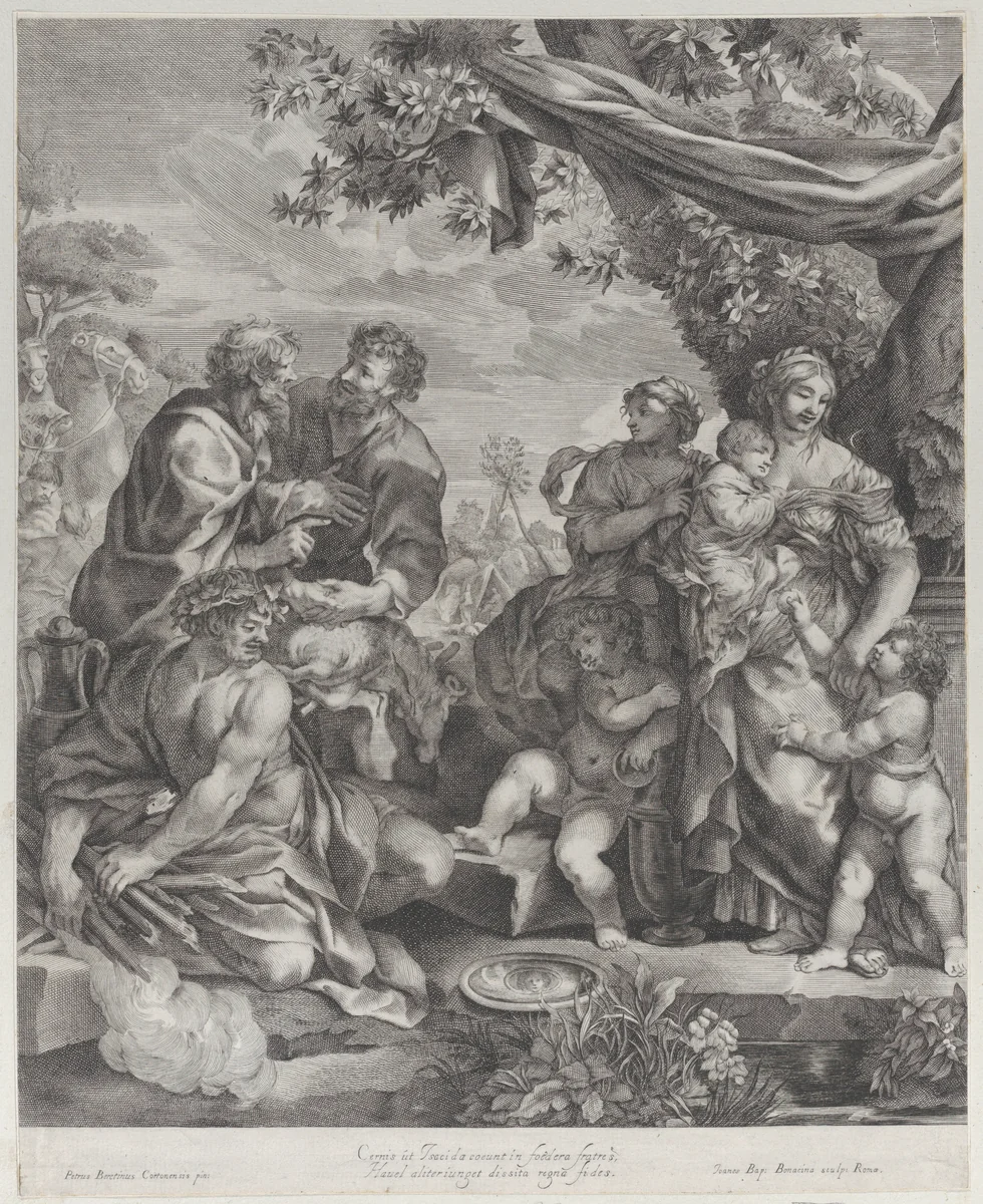 Allegorical scene with a sacrificial lamb by Giovanni Battista Bonacina, print, 1640-1670