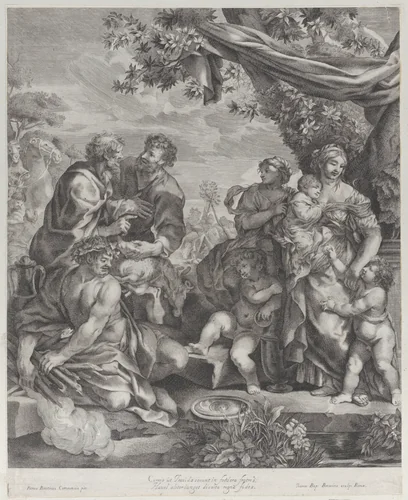 Allegorical scene with a sacrificial lamb by Giovanni Battista Bonacina, print, 1640-1670