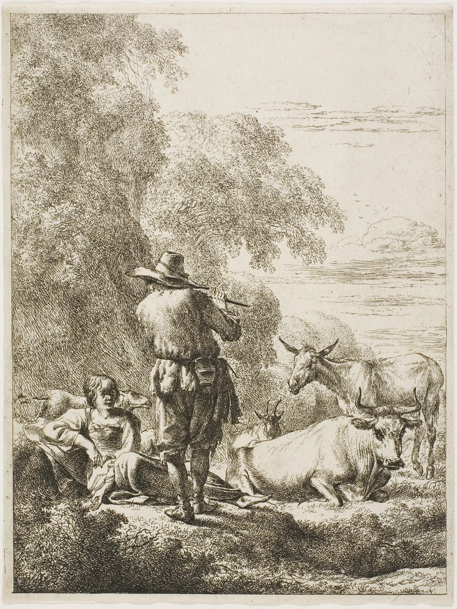 Shepherd Playing a Flute by Nicolaes Berchem, print, 1644-1645