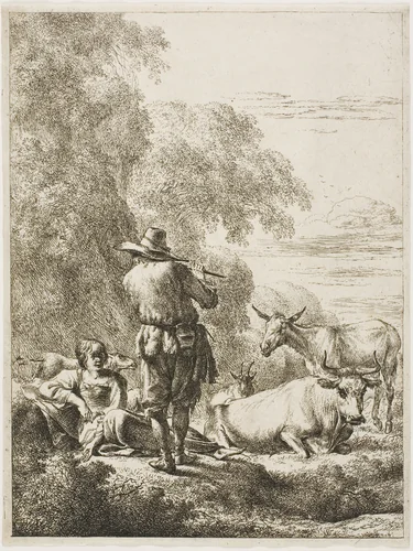 Shepherd Playing a Flute by Nicolaes Berchem, print, 1644-1645
