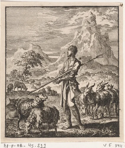 Mozes met zijn herdersstaf onder de arm staat temidden van zijn kudde in de woestijn van Midian by Jan Luyken, print, 1706