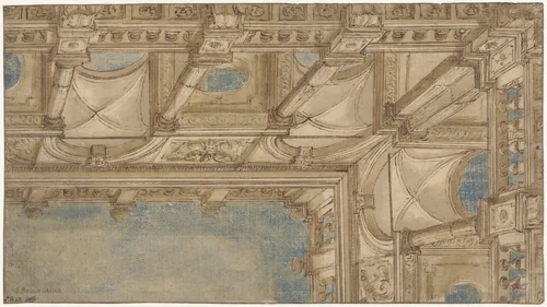 Hoek van een cortille met loggia by Bartolommeo Suardi, drawing, 1475-1530