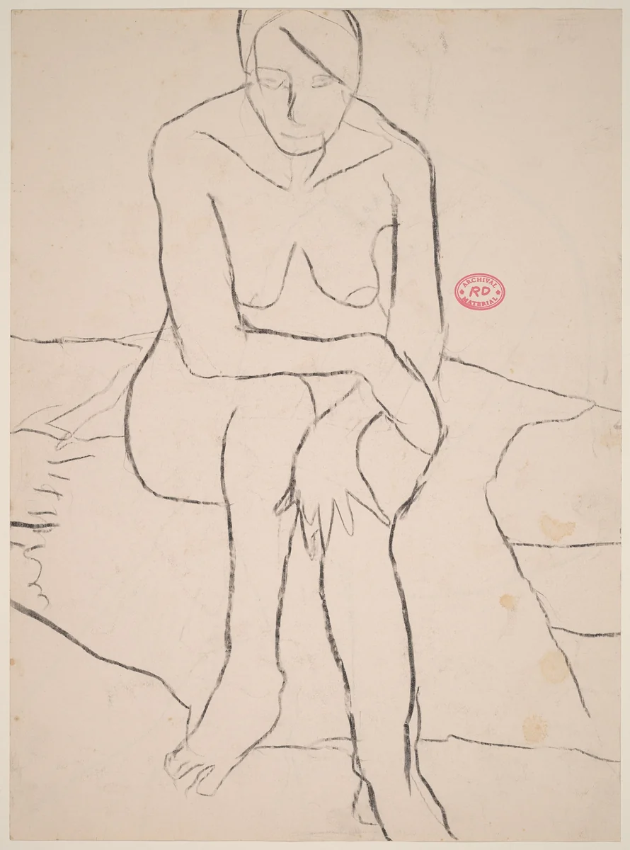 Untitled [front view of a female nude seated on a bed] [recto] by Richard Diebenkorn, drawing, 1955-1967