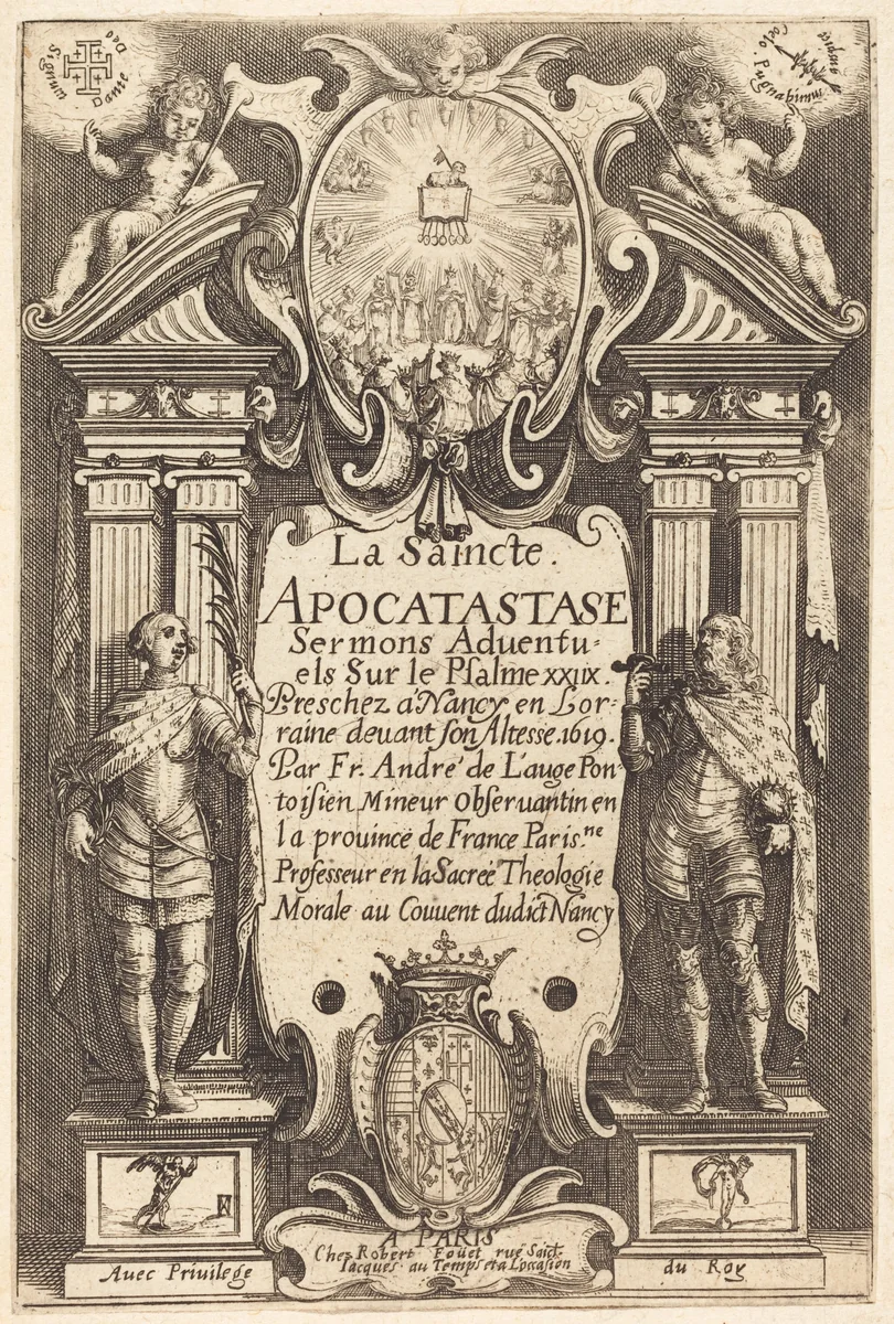 Frontispiece of the Holy Apocatastase by Jacques Callot, print, 1619-1623