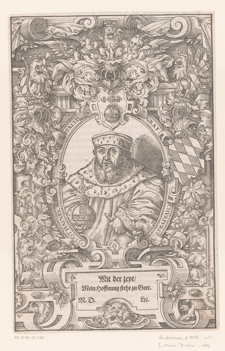 Portret van Ottheinrich von der Pfalz in een rolwerk omlijsting by Unknown, print, 1560