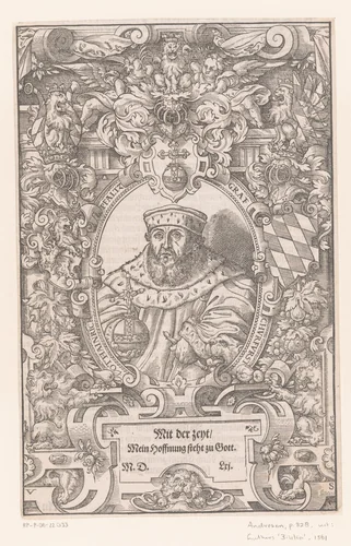 Portret van Ottheinrich von der Pfalz in een rolwerk omlijsting by Unknown, print, 1560