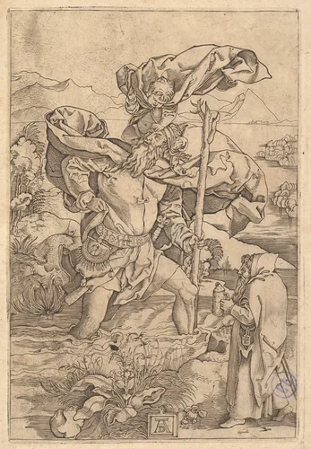 Saint Christopher crossing the river with Christ in the form of a putto on his shoulders and a hermit in the foreground by Marcantonio Raimondi, print, 1495-1539