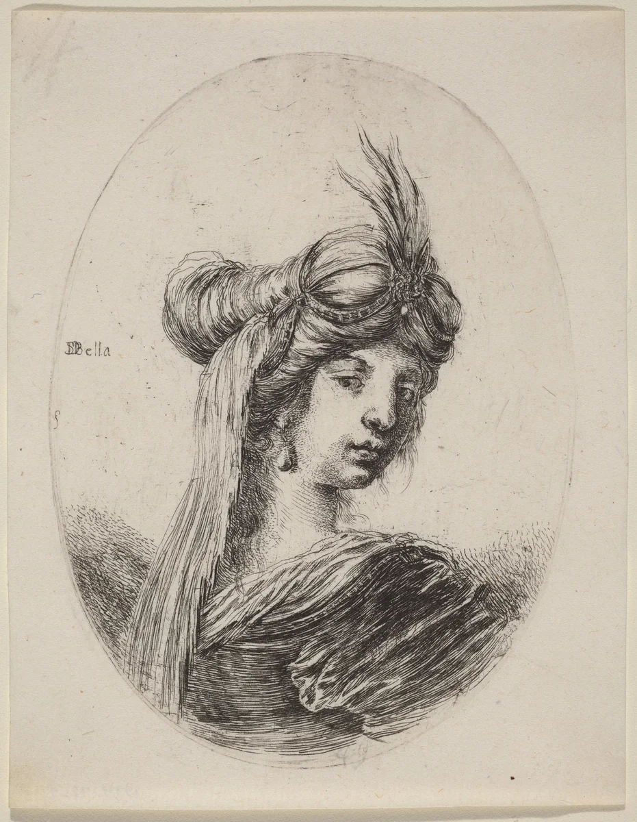 Woman in a Feathered Turban with a Veil, Turned to the Right by Stefano della Bella, print, 1649-1650