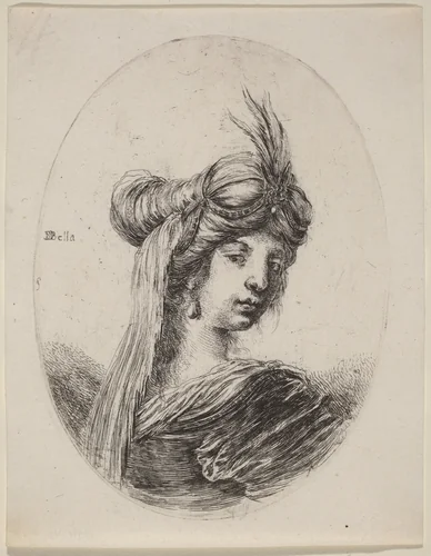 Woman in a Feathered Turban with a Veil, Turned to the Right by Stefano della Bella, print, 1649-1650
