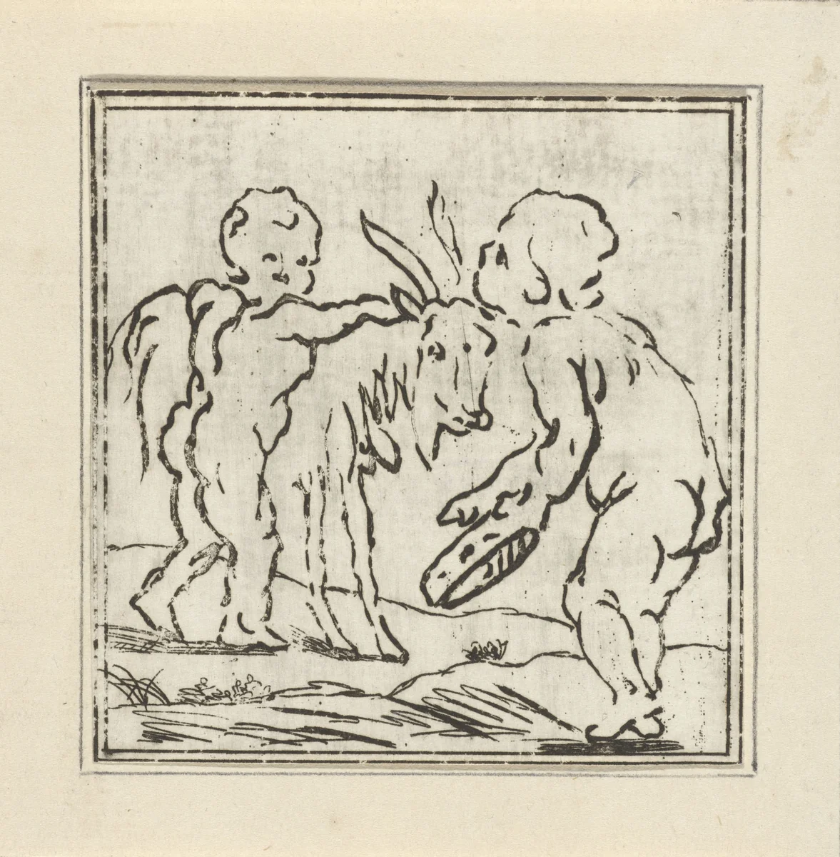 Twee putti met een bok en tamboerijn by Jacob Hoolaart, print, 1728-1789