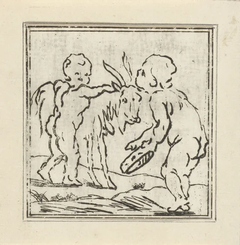 Twee putti met een bok en tamboerijn by Jacob Hoolaart, print, 1728-1789