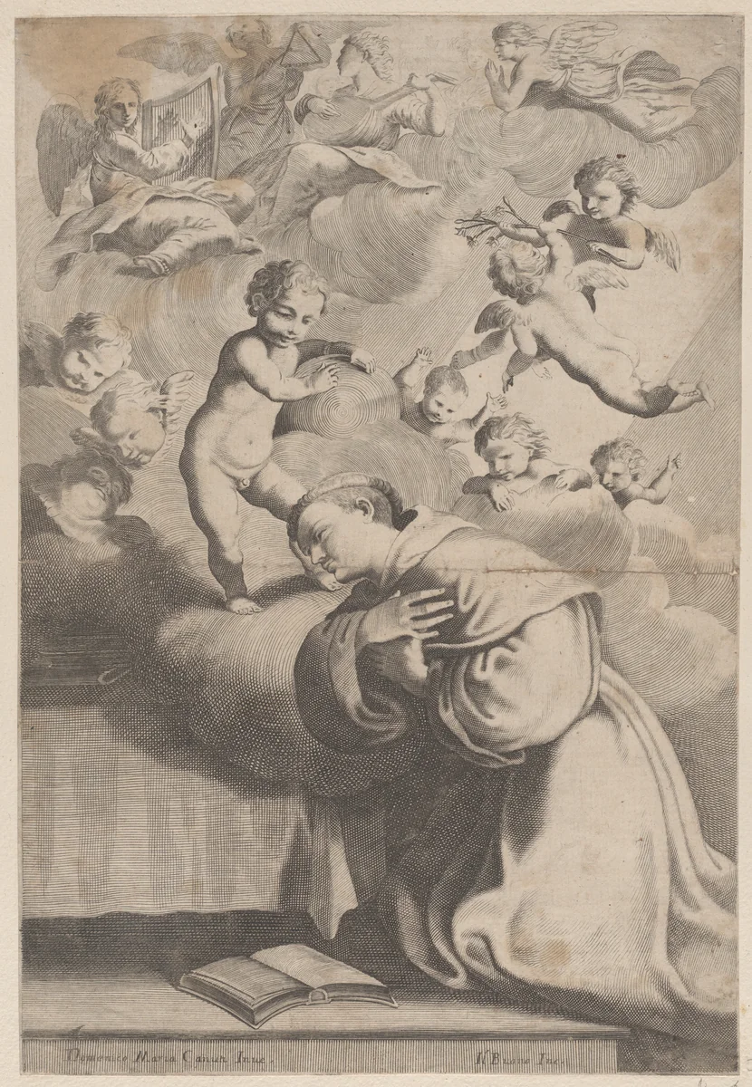 A male saint kneeling before the Christ child by anonymous, print, 1670-1731