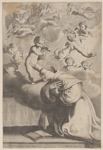 A male saint kneeling before the Christ child by anonymous, print, 1670-1731