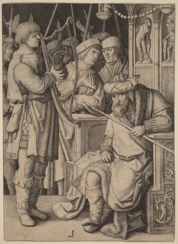 David Playing the Harp before Saul by Lucas van Leyden, print, 1489-1533