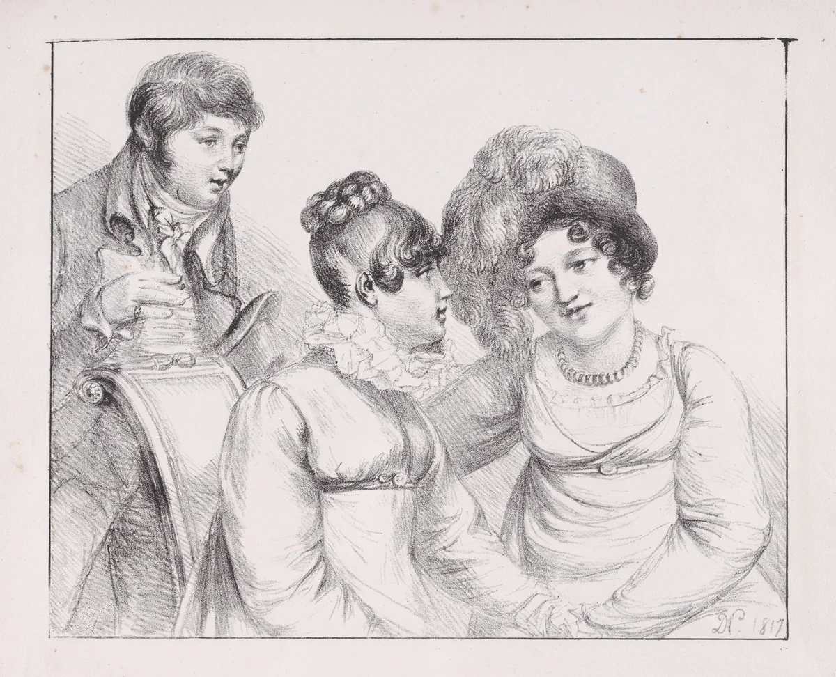 Group of three figures, man and two women by Dominique Vivant Denon, print, 1817