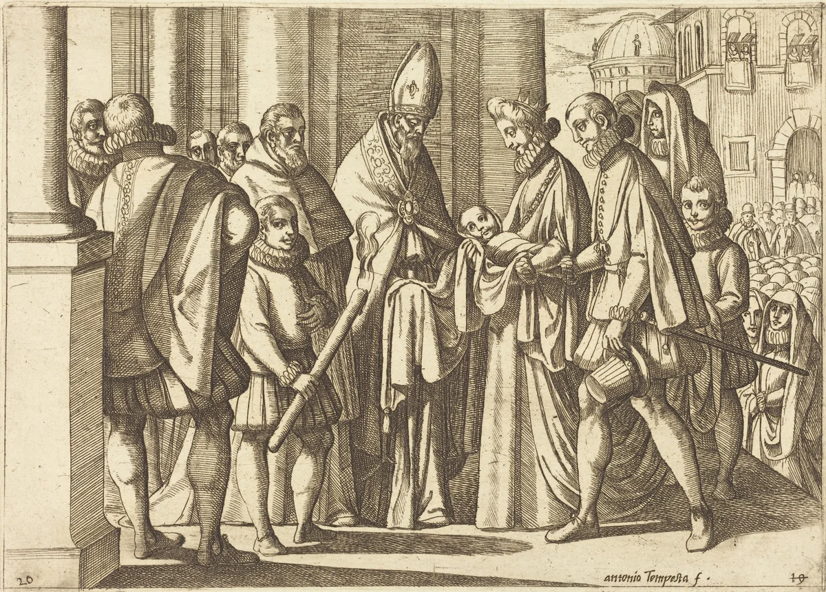 Philip as a Boy before Margaret of Austria by Antonio Tempesta, print, 1612