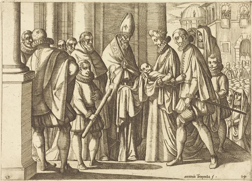 Philip as a Boy before Margaret of Austria by Antonio Tempesta, print, 1612