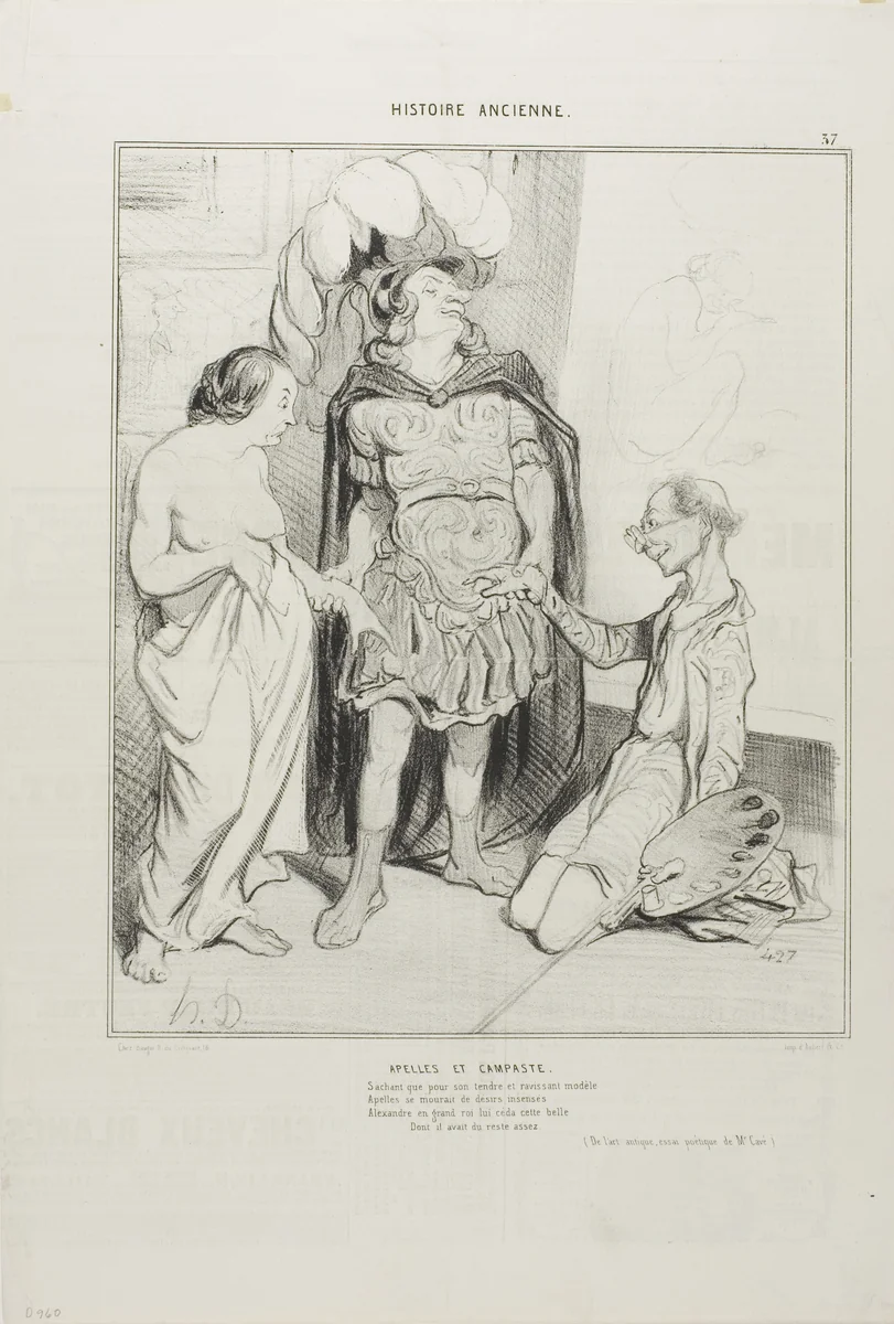 Apelles and Campaste. Aware that Apelles was wasting away with love Alexander gave him Campeste and above the first art deal ever now was struck girlfriend against sculpture, oh what luck! (From Art and the Antique, a poetic essay by M. Cavé), plate 36(37) from Histoire Ancienne by Honoré-Victorin Daumier, print, 1842