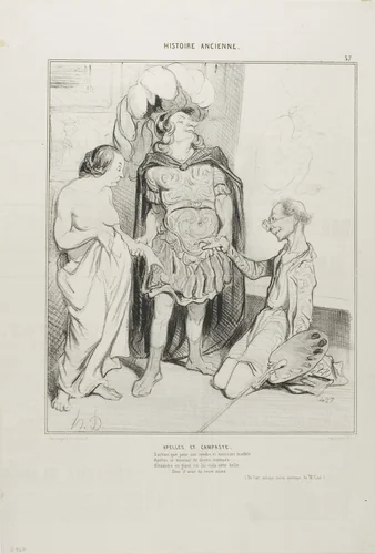 Apelles and Campaste. Aware that Apelles was wasting away with love Alexander gave him Campeste and above the first art deal ever now was struck girlfriend against sculpture, oh what luck! (From Art and the Antique, a poetic essay by M. Cavé), plate 36(37) from Histoire Ancienne by Honoré-Victorin Daumier, print, 1842