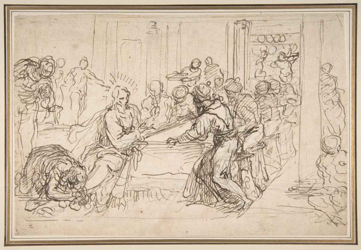 Penitent Woman Anointing the Feet of Christ at the Table of Simon the Pharisee by Jacopo Palma, drawing, 1548-1628