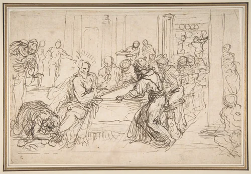 Penitent Woman Anointing the Feet of Christ at the Table of Simon the Pharisee by Jacopo Palma, drawing, 1548-1628
