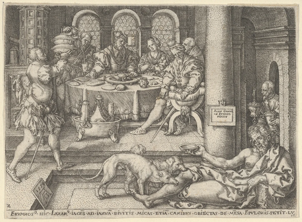 Lazarus at the Rich Man's Gate, from "The Parable of the Rich Man and Lazarus" by Heinrich Aldegrever, print, 1554