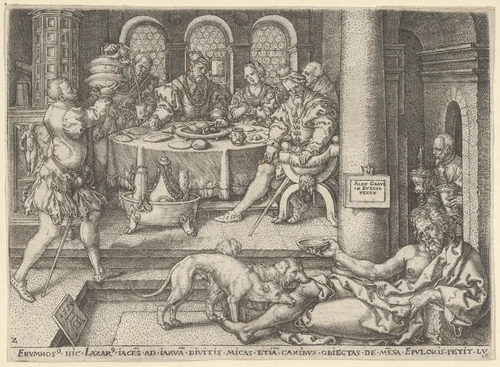 Lazarus at the Rich Man's Gate, from "The Parable of the Rich Man and Lazarus" by Heinrich Aldegrever, print, 1554