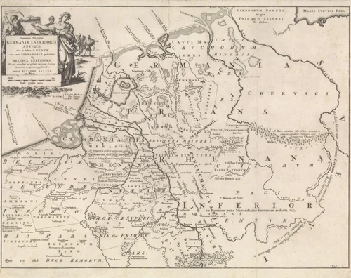 Historische kaart van Nederland ten tijde van de Friezen, Franken en Saksen I by Jan Luyken, print, 1697