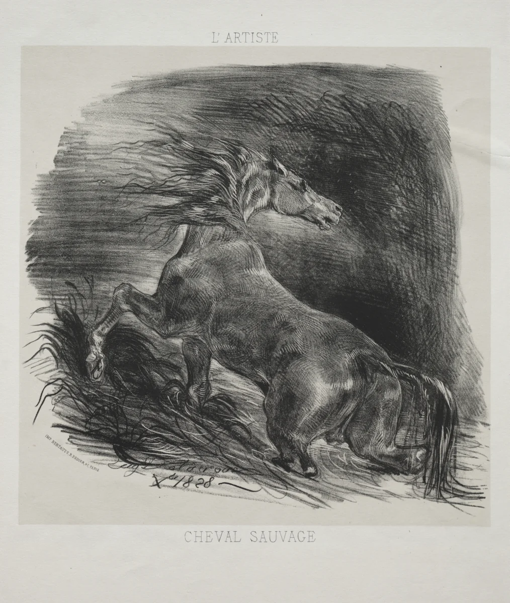 The Wild Horse, or Frightened Horse Leaving the Water by Eugène Delacroix, print, 1828