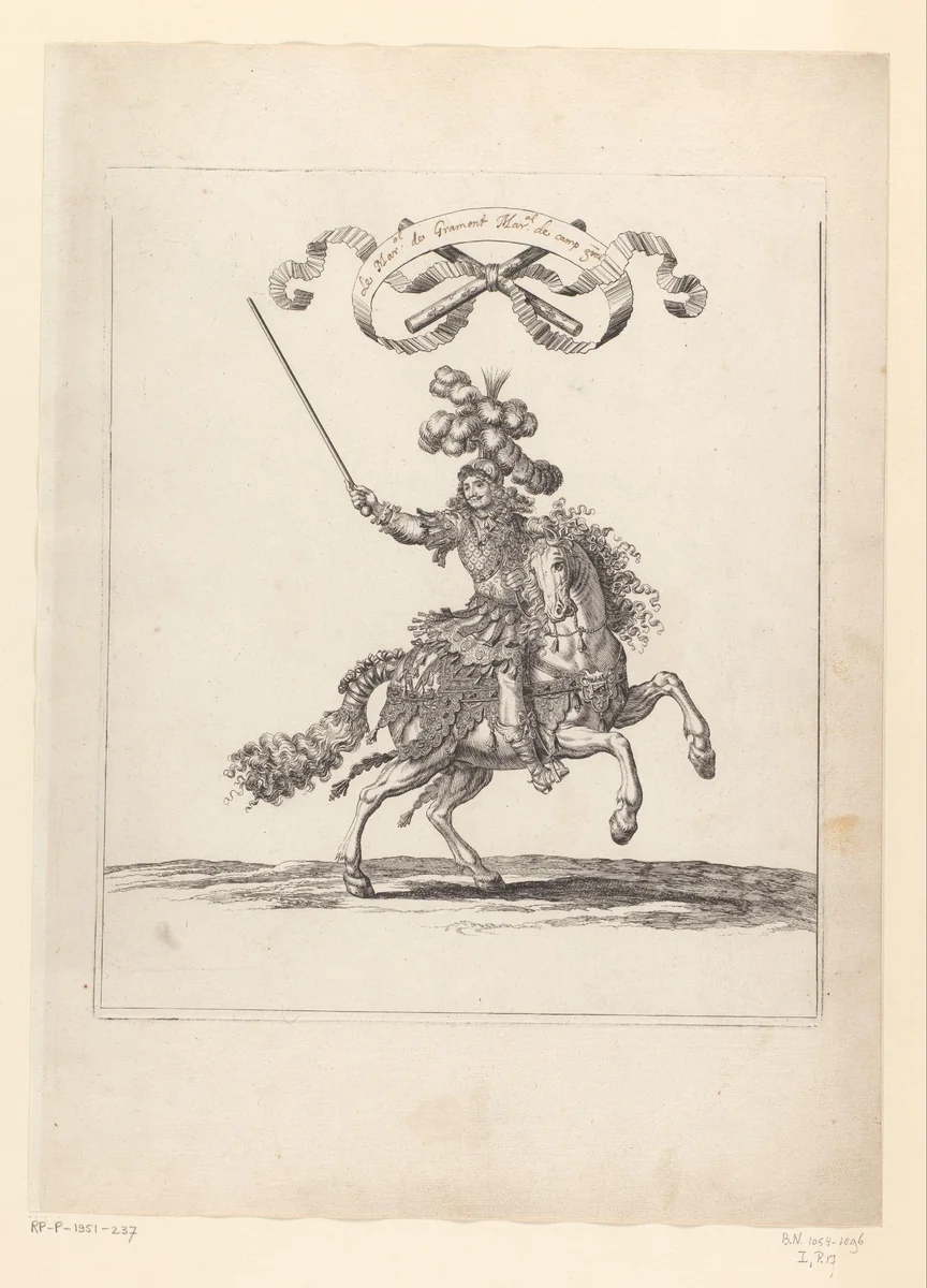 Antoine III de Gramont te paard in Romeins kostuum by François Chauveau, print, 1670