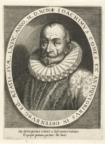 Portret van Joachim graaf van Ortenberg op 69 jarige leeftijd by Dominicus Custos, print, 1600-1604