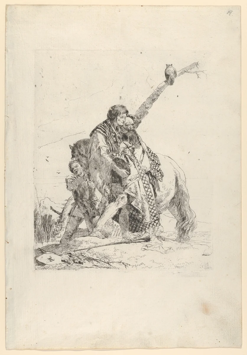 Three Men standing beside a Horse, from the Scherzi by Giovanni Battista Tiepolo, print, 1725-1780