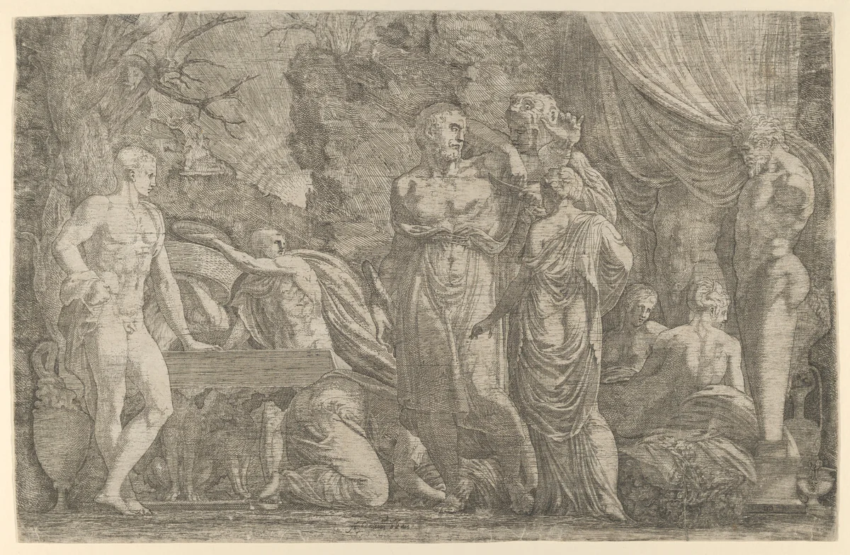 Hercules dressed as a Woman by Léon Davent, print, 1540-1556