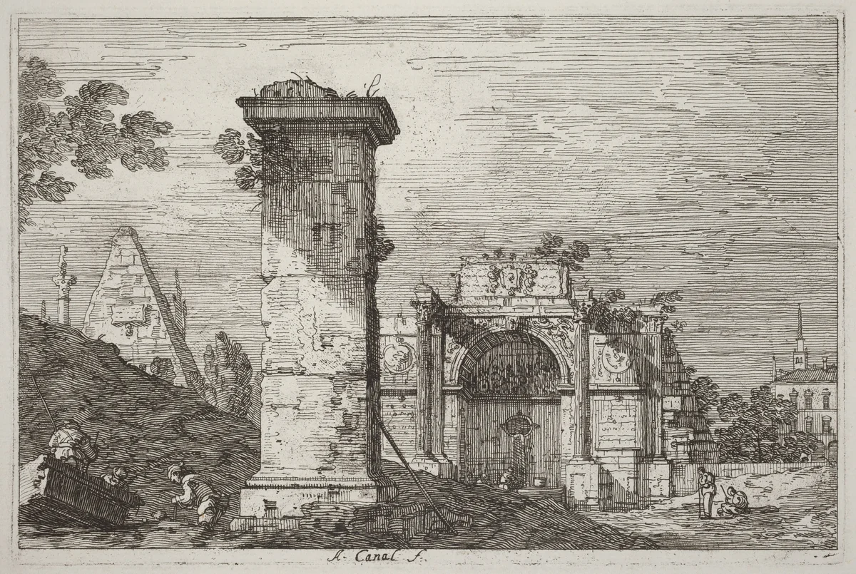 Landscape with Ruined Monuments [right] by Canaletto, print, 1735-1746