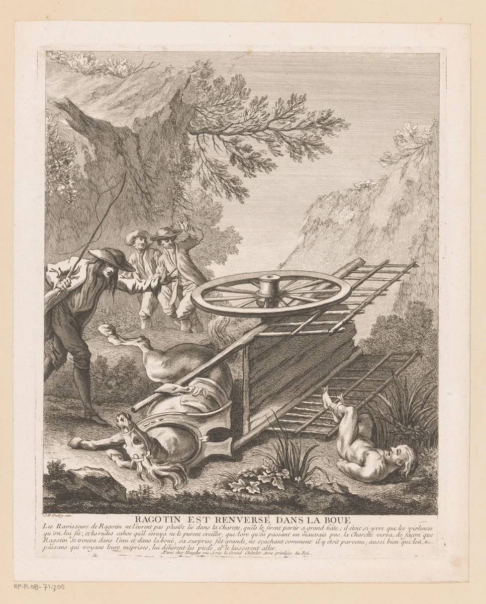 Ragotin valt van de wagen by Gabriel Huquier, print, 1705-1772