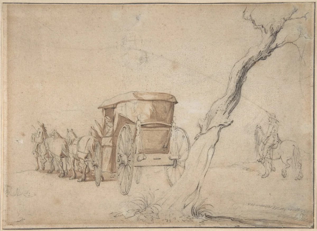 Carriage In A Landscape by Gerard ter Borch, drawing, 1625-1681