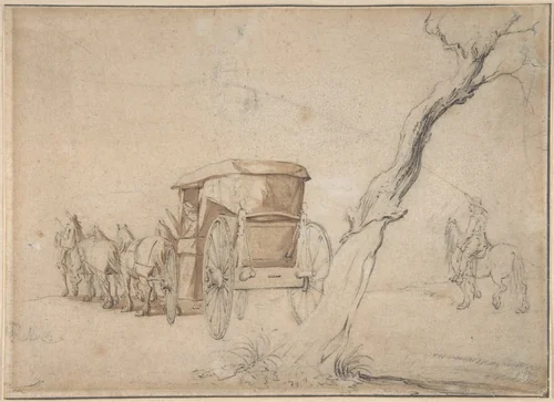 Carriage In A Landscape by Gerard ter Borch, drawing, 1625-1681