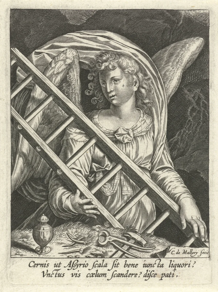 Engel met ladder, hamer, spijkers en zalfpot by Unknown, print, 1581-1645