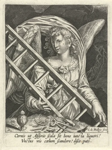 Engel met ladder, hamer, spijkers en zalfpot by Unknown, print, 1581-1645